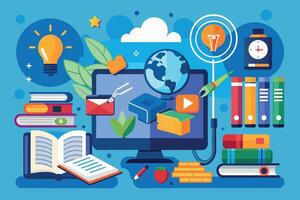 A colorful illustration depicting modern education with books, a computer, and online resources like streaming and email. vector