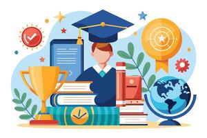 A graduate student celebrates their achievement with a trophy, books, and a globe. This illustration represents the hard work, dedication, and knowledge gained throughout their studies. vector