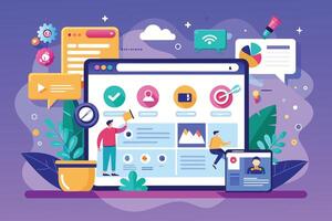 This illustration depicts two cartoon characters working on a website development and digital marketing strategy. vector