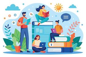 A group of people sitting on stacks of books, studying, reading, and using a laptop, with a bright sun and clouds in the background. vector