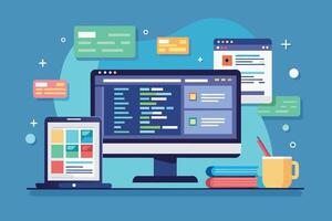 A flat illustration of a modern desktop computer with a laptop and a code editor screen open, surrounded by various colored sticky notes and icons. vector