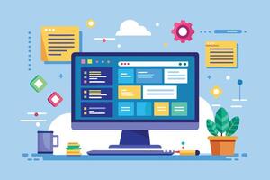 A modern desktop computer with an open web browser showing a colorful webpage. It includes a potted plant, coffee cup, and pencil on a desk. vector