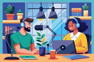 Two people are recording a podcast episode in a studio. One person is speaking into a microphone while the other sits at a computer with headphones on. vector
