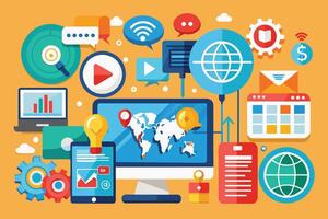 An illustration of various digital marketing tools and strategies, including a world map, calendar, email, and social media icons, representing global reach and online engagement. vector