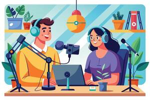 Two podcast hosts, a man and a woman, are seated at a table in their home studio, recording an episode. They are both wearing headphones and using microphones. vector