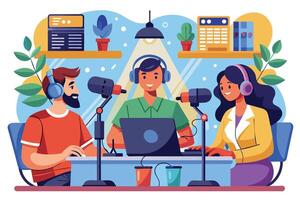 Three people sitting at a table in a studio recording a podcast. They are all wearing headphones and speaking into microphones. vector