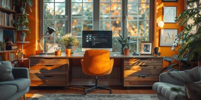 In the living room, there is a desk and chair with a computer on it photo