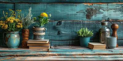 Rustic Wooden Shelf with Books and Rustic Decor, creating a cozy space in a countryside home photo