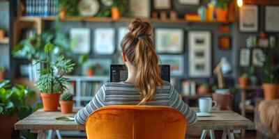 An image description of a woman seated at a desk in front of a laptop computer photo