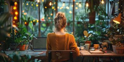 A woman is sitting at a desk in a greenhouse using a laptop computer photo