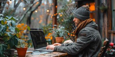 A man is sitting at a table using a laptop computer for work photo