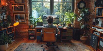 A man sits in an office chair in front of a computer, surrounded by decor photo