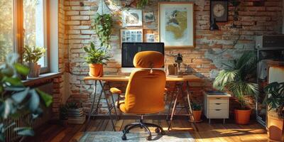 The room features a desk, a computer, and a chair against a brick wall photo