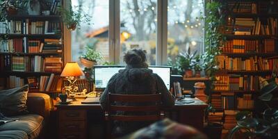 In an indoor setting, a woman is seated at a desk and using a computer photo