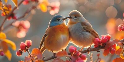 Two birds on a branch, gazing at each other in a natural setting photo