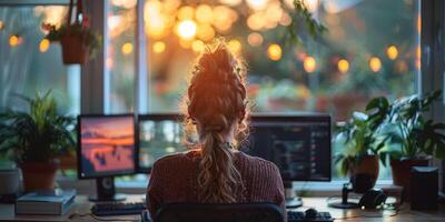 A woman at a desk with two computer monitors in bright sunlight photo