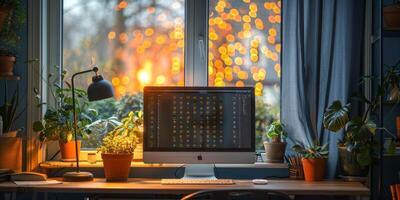 A computer on a desk in front of a window with potted plants photo