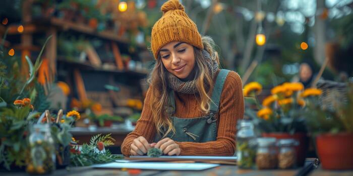 A woman is sitting at a table, focused on what looks like a piece of paper photo