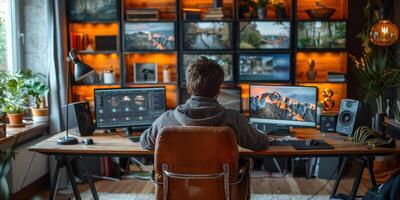 A man is seated at a desk with two computer monitors in front of him photo