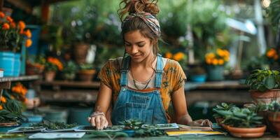 In a greenhouse, a woman is happily engaged in caring for plants at a table photo