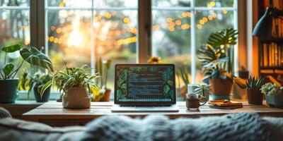 There is a laptop on a desk by a window surrounded by plants photo