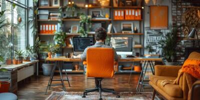 A man is seated at a desk in a living room, working on a computer photo