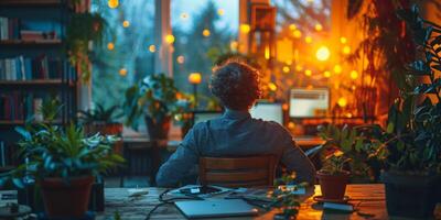 A woman is working at a desk with a computer, surrounded by potted plants photo