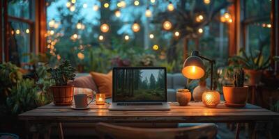 A laptop on a desk in a room with a view through the window photo