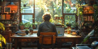 A man at a desk with a laptop in a room with furniture and a window photo
