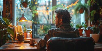 A man in a room, at a desk with a computer, sun shining through the window photo