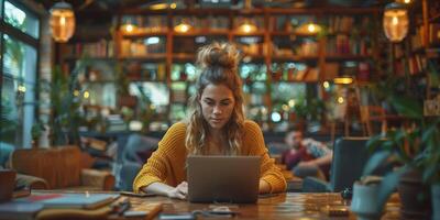 A woman is seated at a table, happily using a laptop computer photo