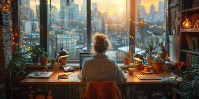 Woman working on laptop at a table near a window with view of a skyscraper photo