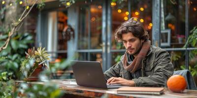 A man with a beard is sitting at a table, using a laptop computer indoors photo