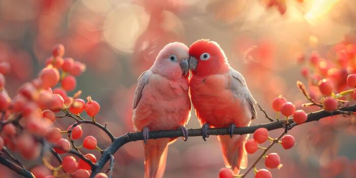 Two birds perched on a tree branch adorned with red berries photo