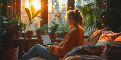 A female is lounging on a sofa while operating a laptop photo