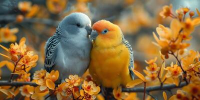 Two birds kissing on a tree branch, surrounded by flowers in a wildlife setting photo