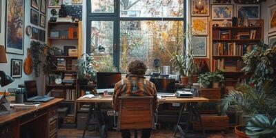 A man sitting at a desk in a room full of plants, using a computer photo