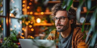 A man with glasses is using a laptop, concentrating on the screen photo