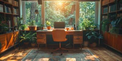 A desk with a laptop placed in a room filled with various plants photo