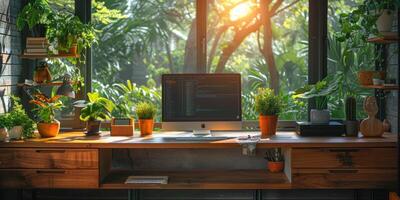 A computer is placed on a desk next to a window surrounded by potted plants photo