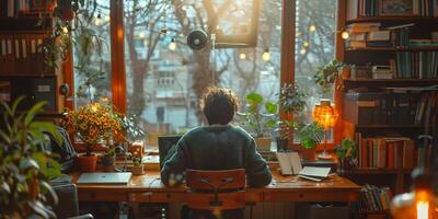A woman sits at a table by a window with a plant and a flowerpot indoors photo
