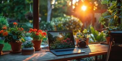 A laptop computer is placed on a wooden table in a garden setting photo