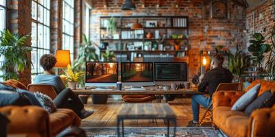 A man and a woman at a desk with computers in a living room photo