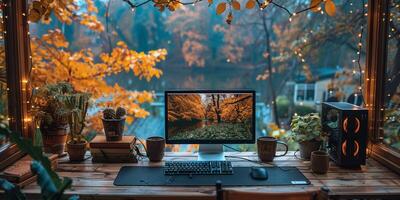 Computer on wooden table in front of scenic landscape outside window photo