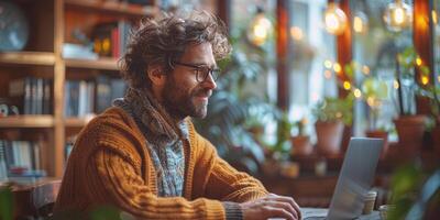 A man with a beard is sitting at a table using a laptop computer photo
