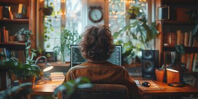 A man sitting at desk in front of computer surrounded by plants photo
