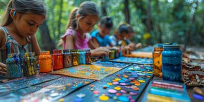 Children having fun playing with glitter at a table photo