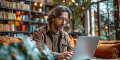 The man with a beard is sitting on a couch, using a laptop photo