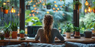 A woman is using a laptop computer while sitting on a window sill photo