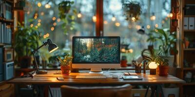 A computer is placed on a wooden desk by a window photo